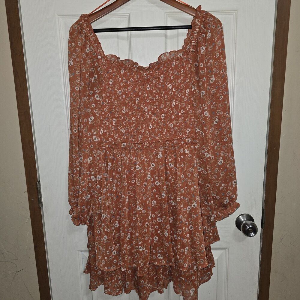 Alter'd State Floral Smocked Mini Dress Women's Long Sleeve Boho Rust Size S